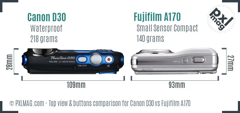 Canon D30 vs Fujifilm A170 top view buttons comparison