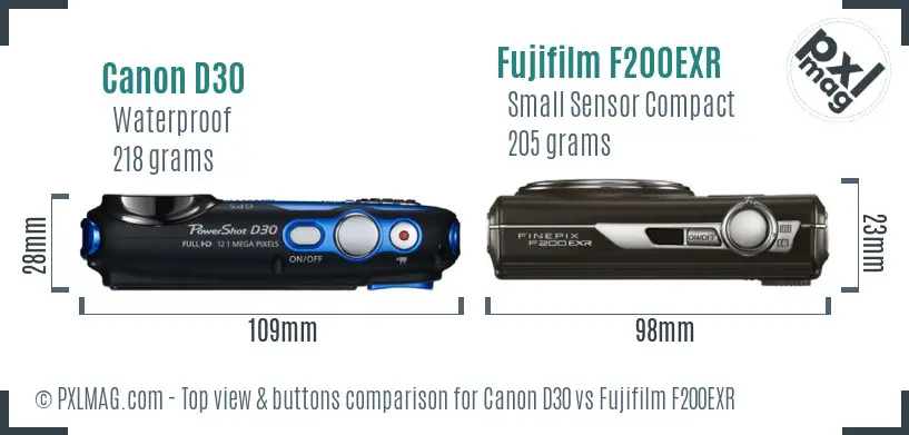 Canon D30 vs Fujifilm F200EXR top view buttons comparison