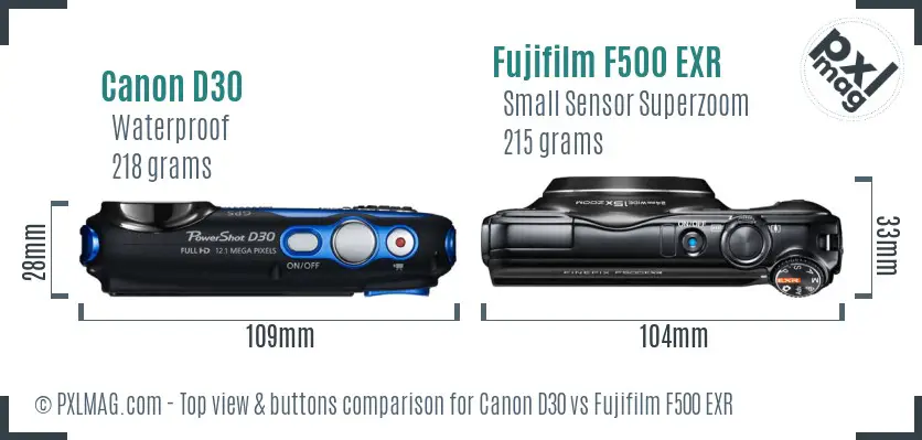 Canon D30 vs Fujifilm F500 EXR top view buttons comparison Canon D30 vs Fujifilm F500 EXR top view buttons comparison