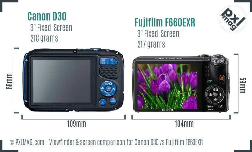 Canon D30 vs Fujifilm F660EXR Screen and Viewfinder comparison