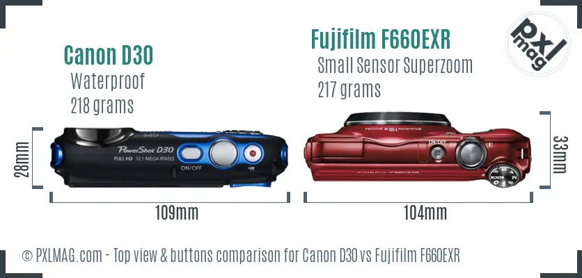 Canon D30 vs Fujifilm F660EXR top view buttons comparison