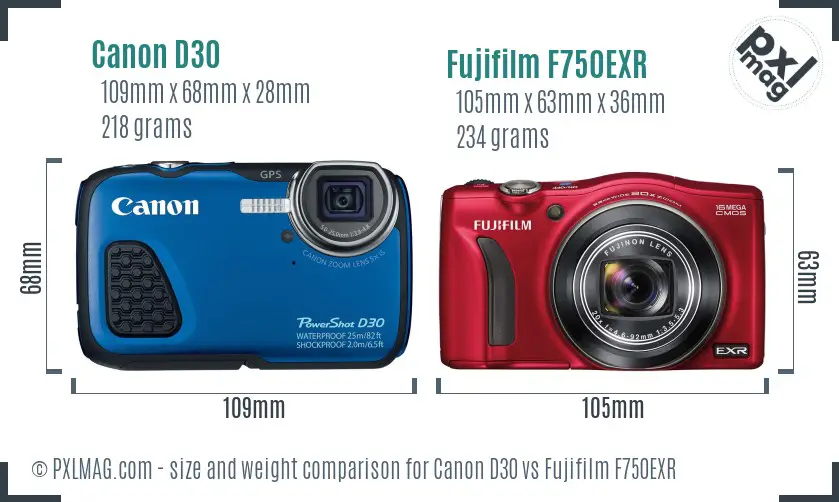 Canon D30 vs Fujifilm F750EXR size comparison