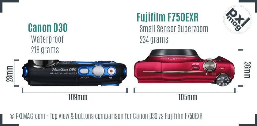 Canon D30 vs Fujifilm F750EXR top view buttons comparison