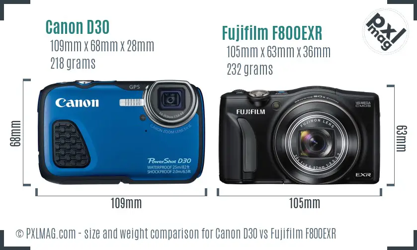 Canon D30 vs Fujifilm F800EXR size comparison