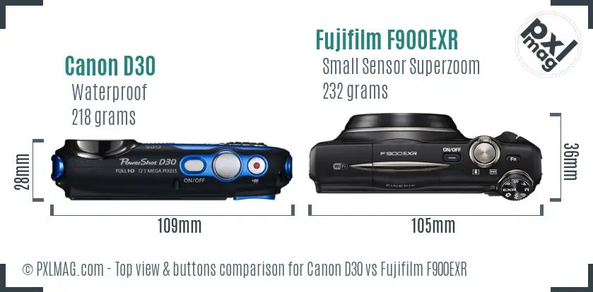 Canon D30 vs Fujifilm F900EXR top view buttons comparison Canon D30 vs Fujifilm F900EXR top view buttons comparison