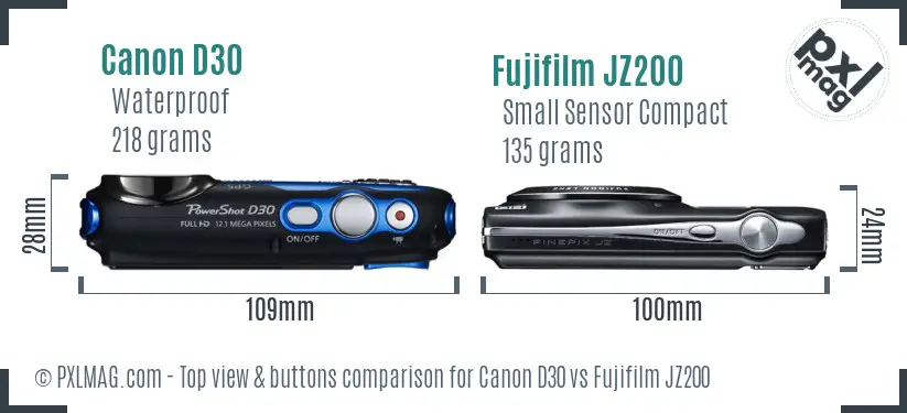 Canon D30 vs Fujifilm JZ200 top view buttons comparison Canon D30 vs Fujifilm JZ200 top view buttons comparison