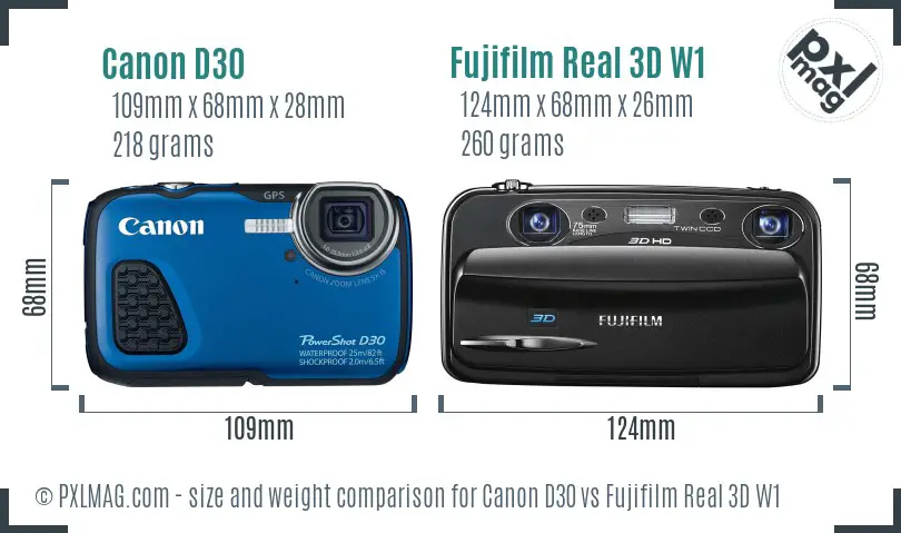 Canon D30 vs Fujifilm Real 3D W1 size comparison
