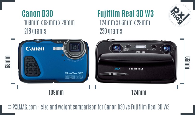 Canon D30 vs Fujifilm Real 3D W3 size comparison