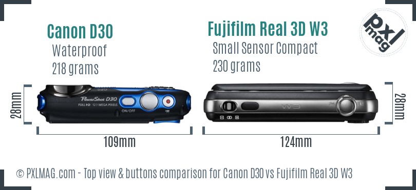 Canon D30 vs Fujifilm Real 3D W3 top view buttons comparison