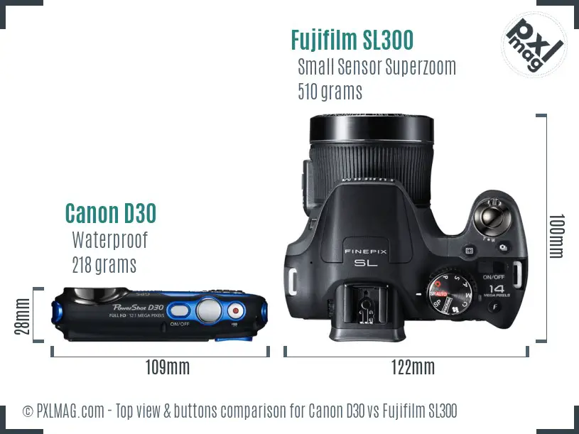 Canon D30 vs Fujifilm SL300 top view buttons comparison