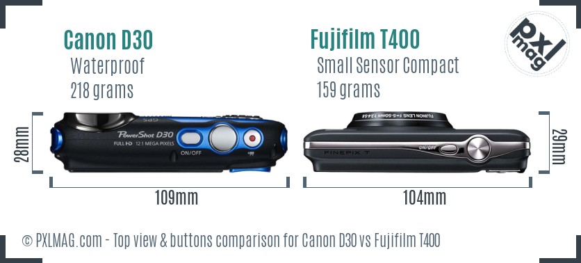 Canon D30 vs Fujifilm T400 top view buttons comparison