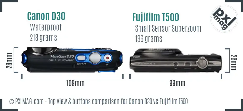 Canon D30 vs Fujifilm T500 top view buttons comparison