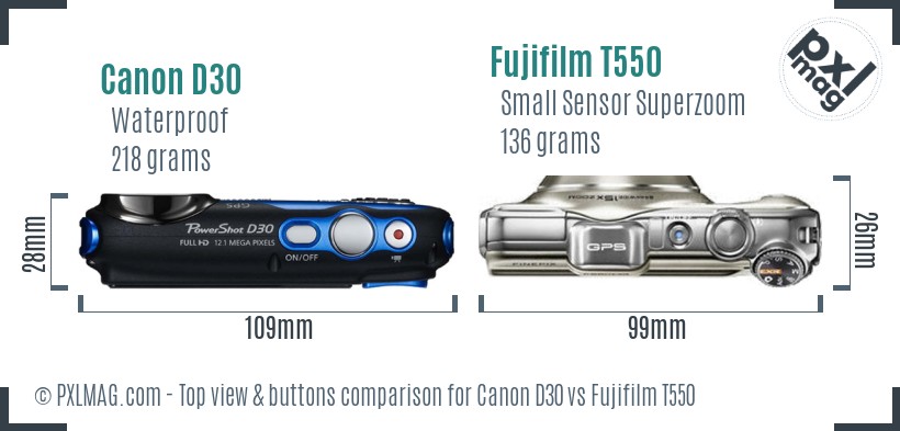 Canon D30 vs Fujifilm T550 top view buttons comparison