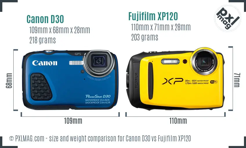 Canon D30 vs Fujifilm XP120 size comparison