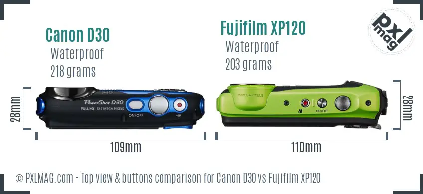 Canon D30 vs Fujifilm XP120 top view buttons comparison