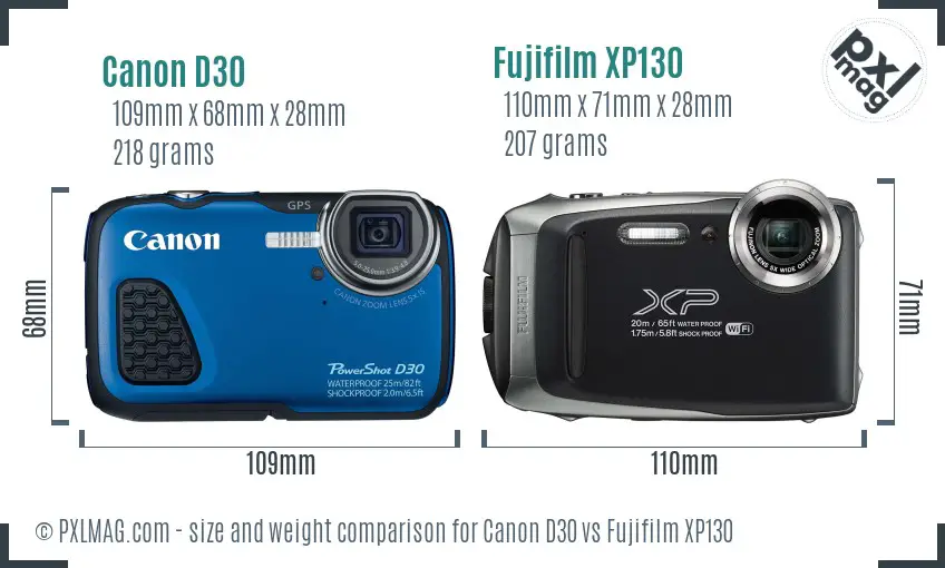 Canon D30 vs Fujifilm XP130 size comparison