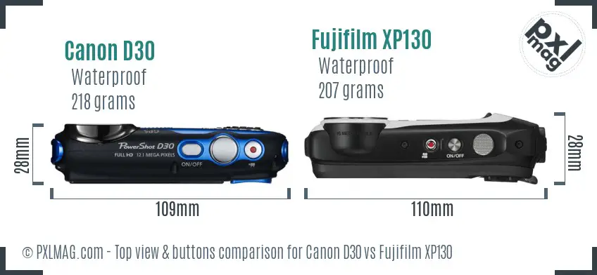 Canon D30 vs Fujifilm XP130 top view buttons comparison