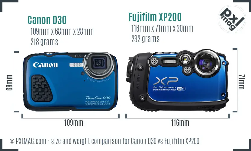 Canon D30 vs Fujifilm XP200 size comparison