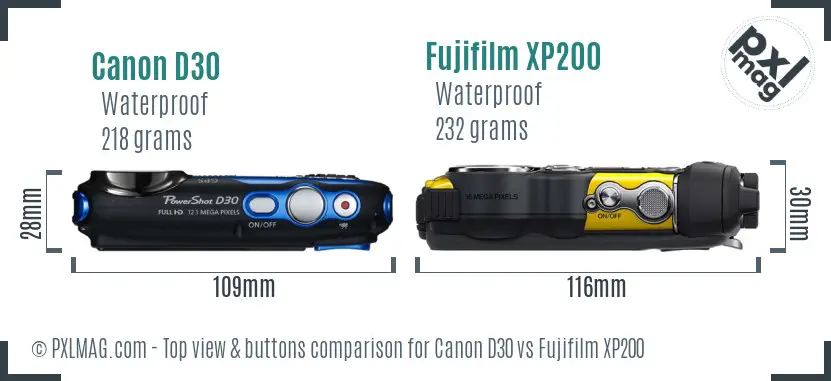Canon D30 vs Fujifilm XP200 top view buttons comparison
