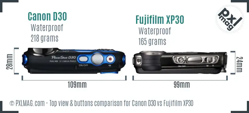Canon D30 vs Fujifilm XP30 top view buttons comparison