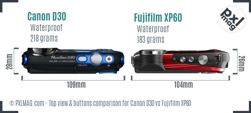 Canon D30 vs Fujifilm XP60 top view buttons comparison