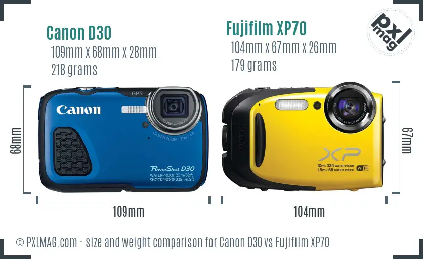 Canon D30 vs Fujifilm XP70 size comparison