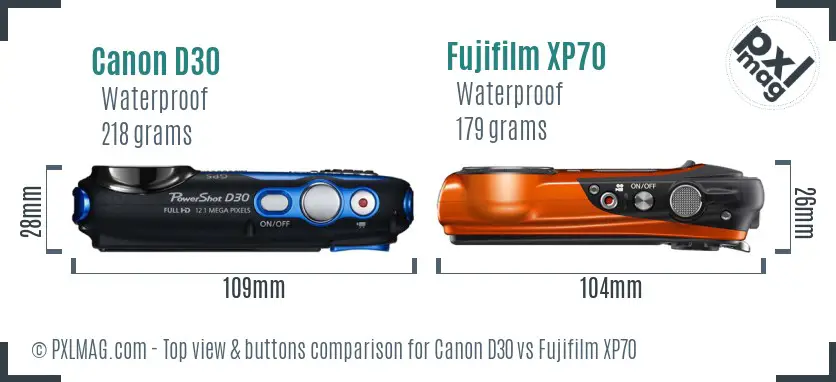 Canon D30 vs Fujifilm XP70 top view buttons comparison