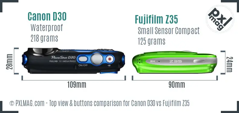 Canon D30 vs Fujifilm Z35 top view buttons comparison