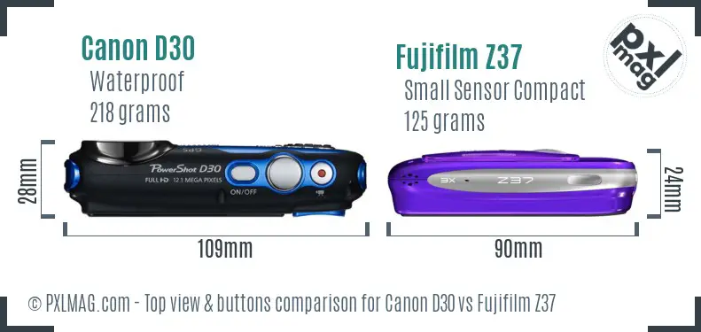Canon D30 vs Fujifilm Z37 top view buttons comparison