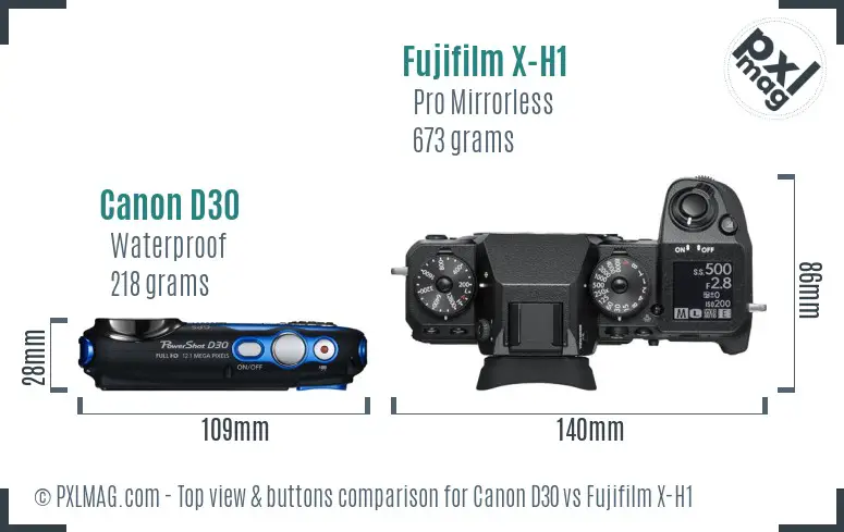 Canon D30 vs Fujifilm X-H1 top view buttons comparison