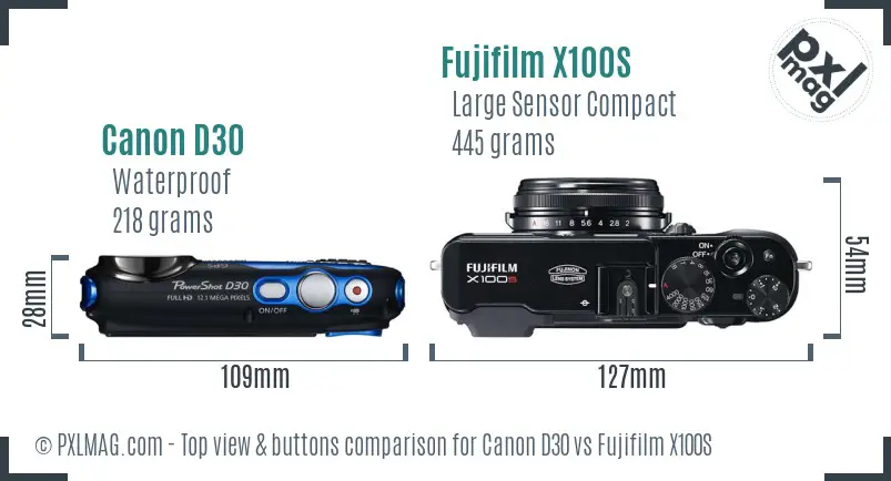 Canon D30 vs Fujifilm X100S top view buttons comparison