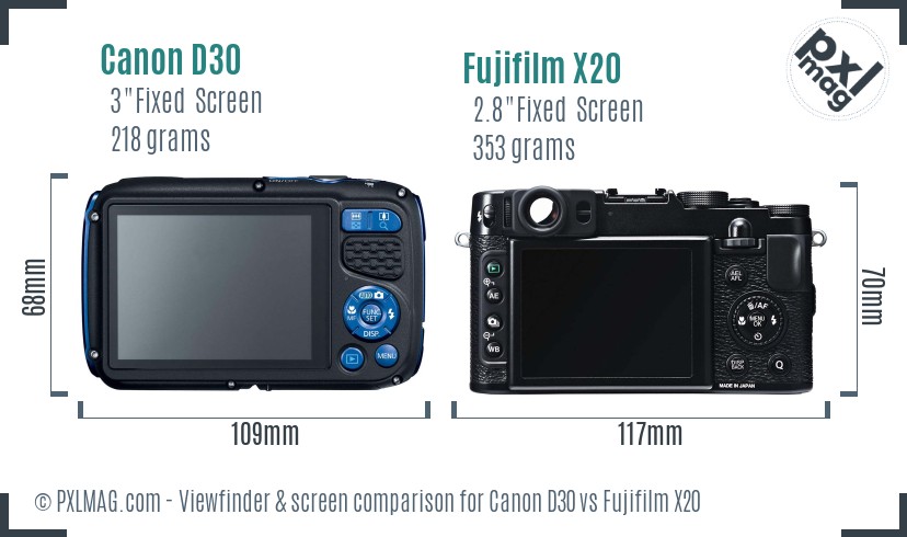 Canon D30 vs Fujifilm X20 Screen and Viewfinder comparison