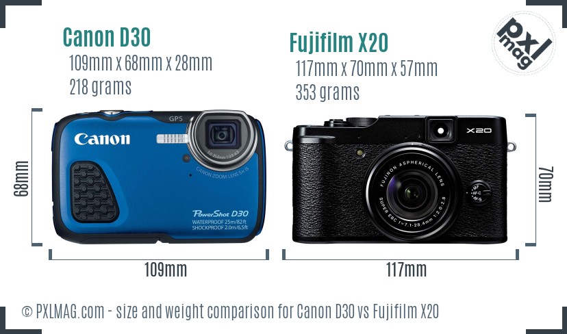 Canon D30 vs Fujifilm X20 size comparison