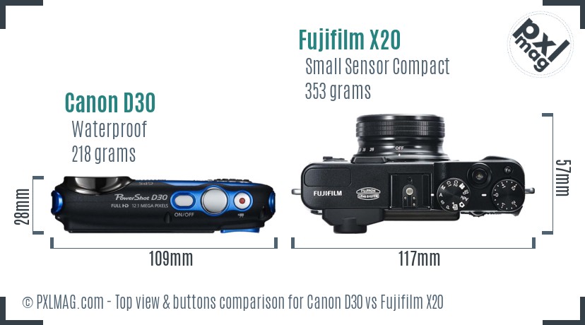 Canon D30 vs Fujifilm X20 top view buttons comparison