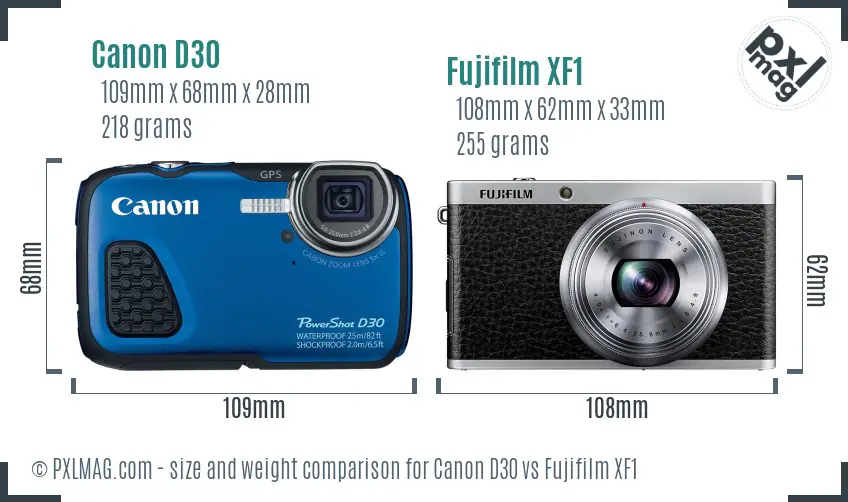 Canon D30 vs Fujifilm XF1 size comparison