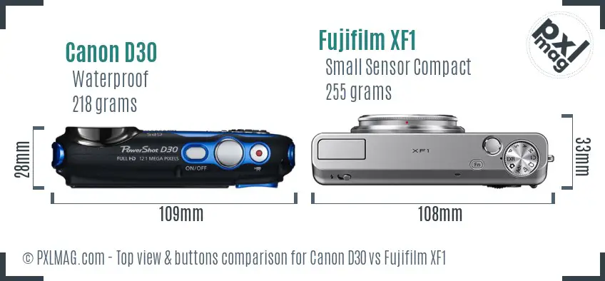 Canon D30 vs Fujifilm XF1 top view buttons comparison