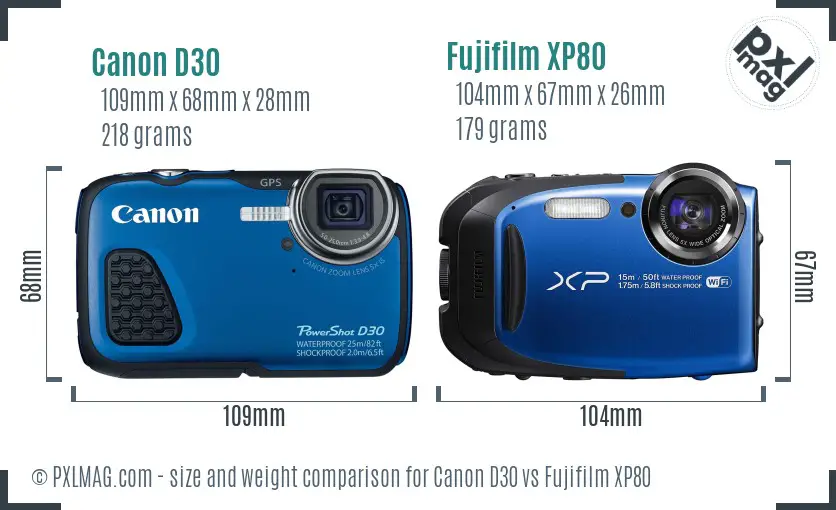Canon D30 vs Fujifilm XP80 size comparison