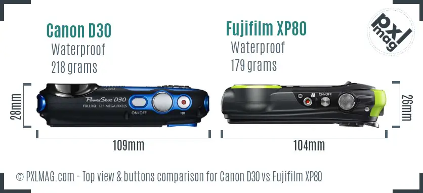 Canon D30 vs Fujifilm XP80 top view buttons comparison