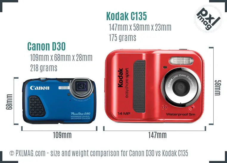 Canon D30 vs Kodak C135 size comparison