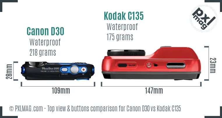 Canon D30 vs Kodak C135 top view buttons comparison