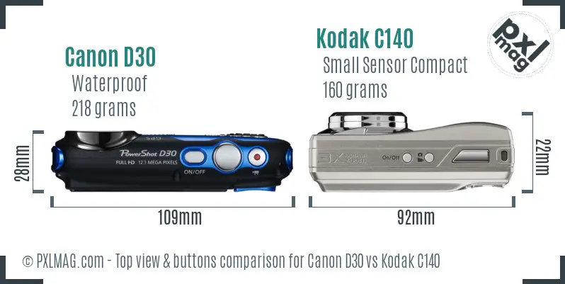 Canon D30 vs Kodak C140 top view buttons comparison Canon D30 vs Kodak C140 top view buttons comparison