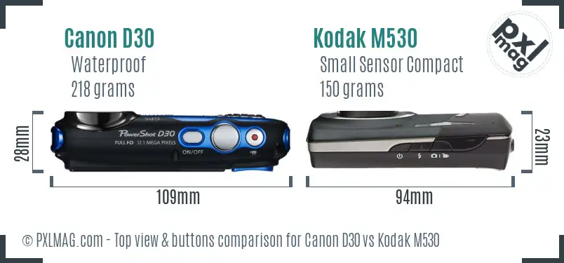 Canon D30 vs Kodak M530 top view buttons comparison