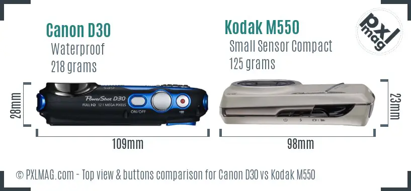 Canon D30 vs Kodak M550 top view buttons comparison