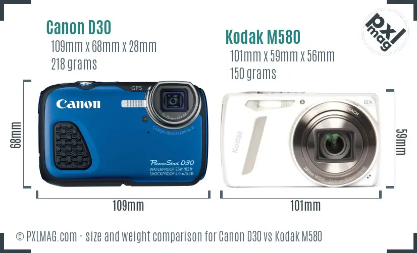 Canon D30 vs Kodak M580 size comparison