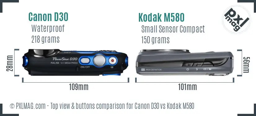 Canon D30 vs Kodak M580 top view buttons comparison