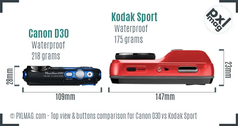 Canon D30 vs Kodak Sport top view buttons comparison