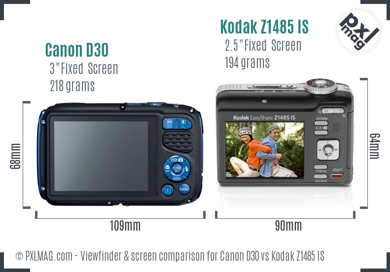Canon D30 vs Kodak Z1485 IS Screen and Viewfinder comparison