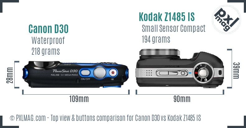 Canon D30 vs Kodak Z1485 IS top view buttons comparison