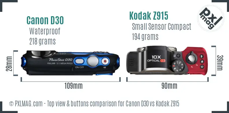 Canon D30 vs Kodak Z915 top view buttons comparison