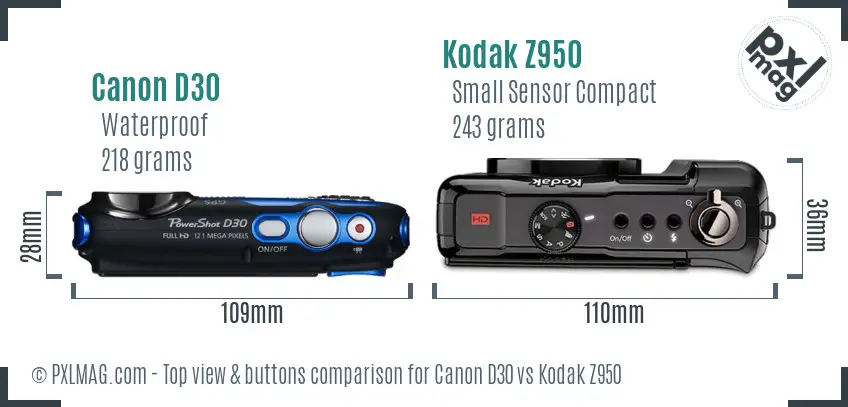 Canon D30 vs Kodak Z950 top view buttons comparison Canon D30 vs Kodak Z950 top view buttons comparison